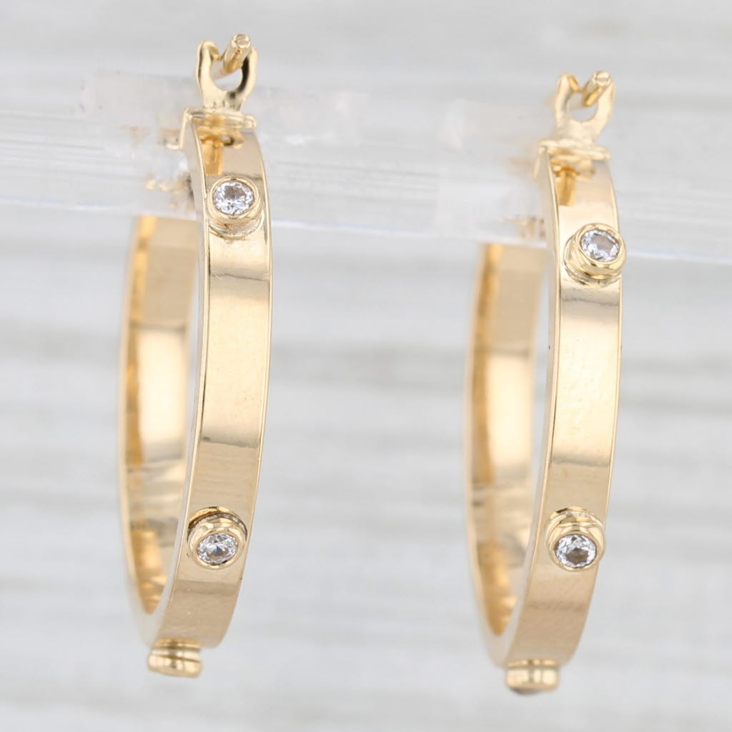 Light Gray New Cubic Zirconia Hoop Earrings 14k Yellow Gold Snap Top Round Hoops