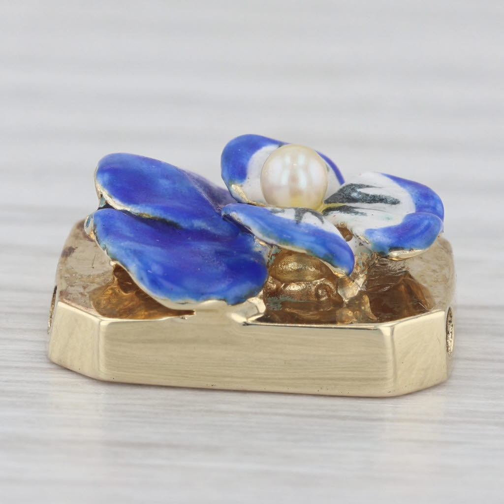 Gray Cultured Pearl Enamel Pansy Flower Slide Bracelet Charm 14k Yellow Gold