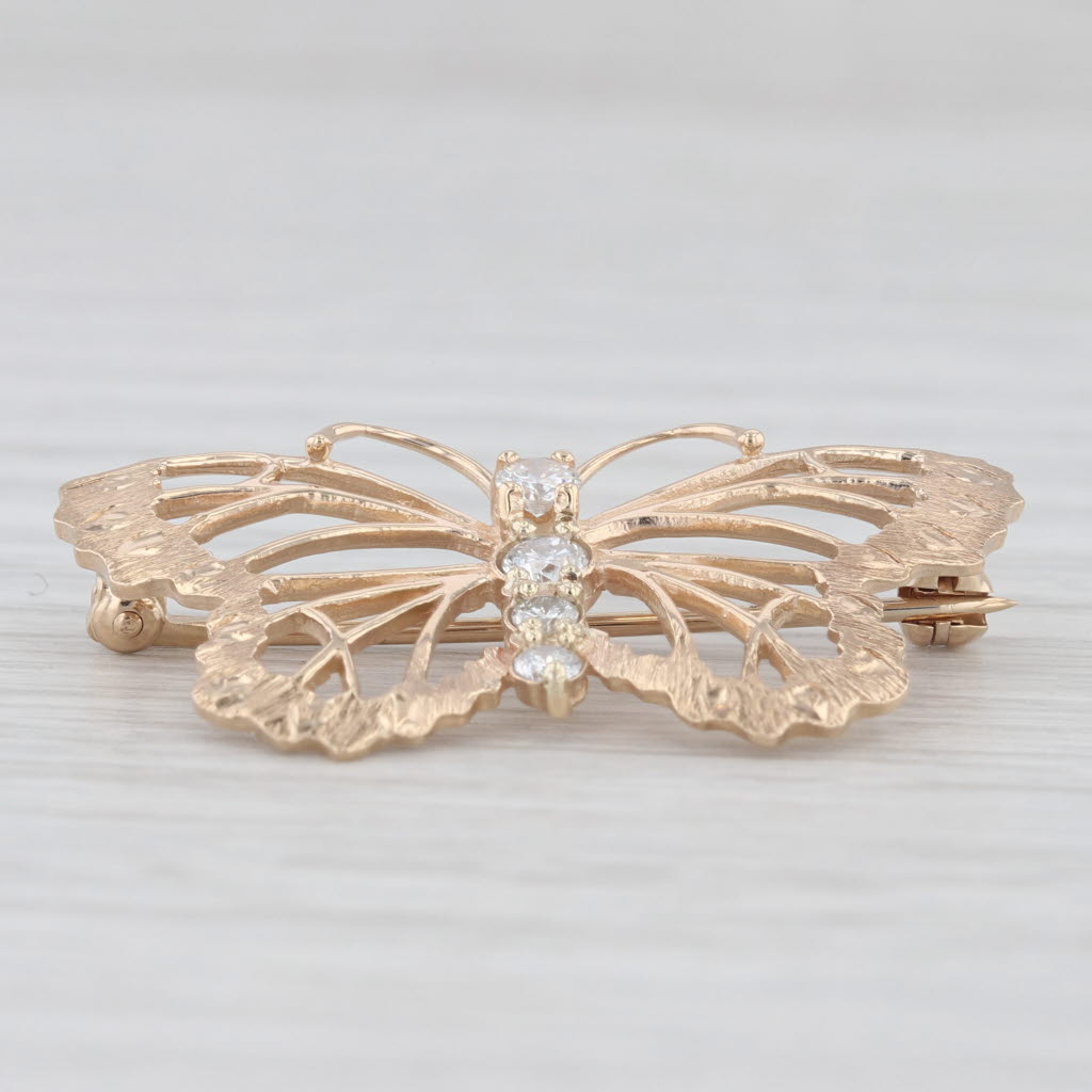 Light Gray 0.26ctw Diamond Butterfly Brooch 14k Yellow Gold Insect Bug Jewelry Pin