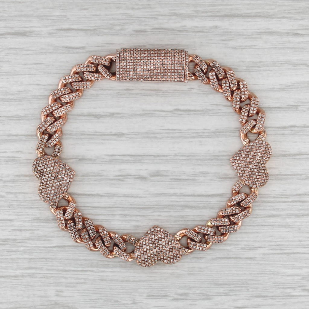 1.77ctw Pave Diamond Hearts Station Bracelet 10k Rose Gold 7.75" Curb Chain