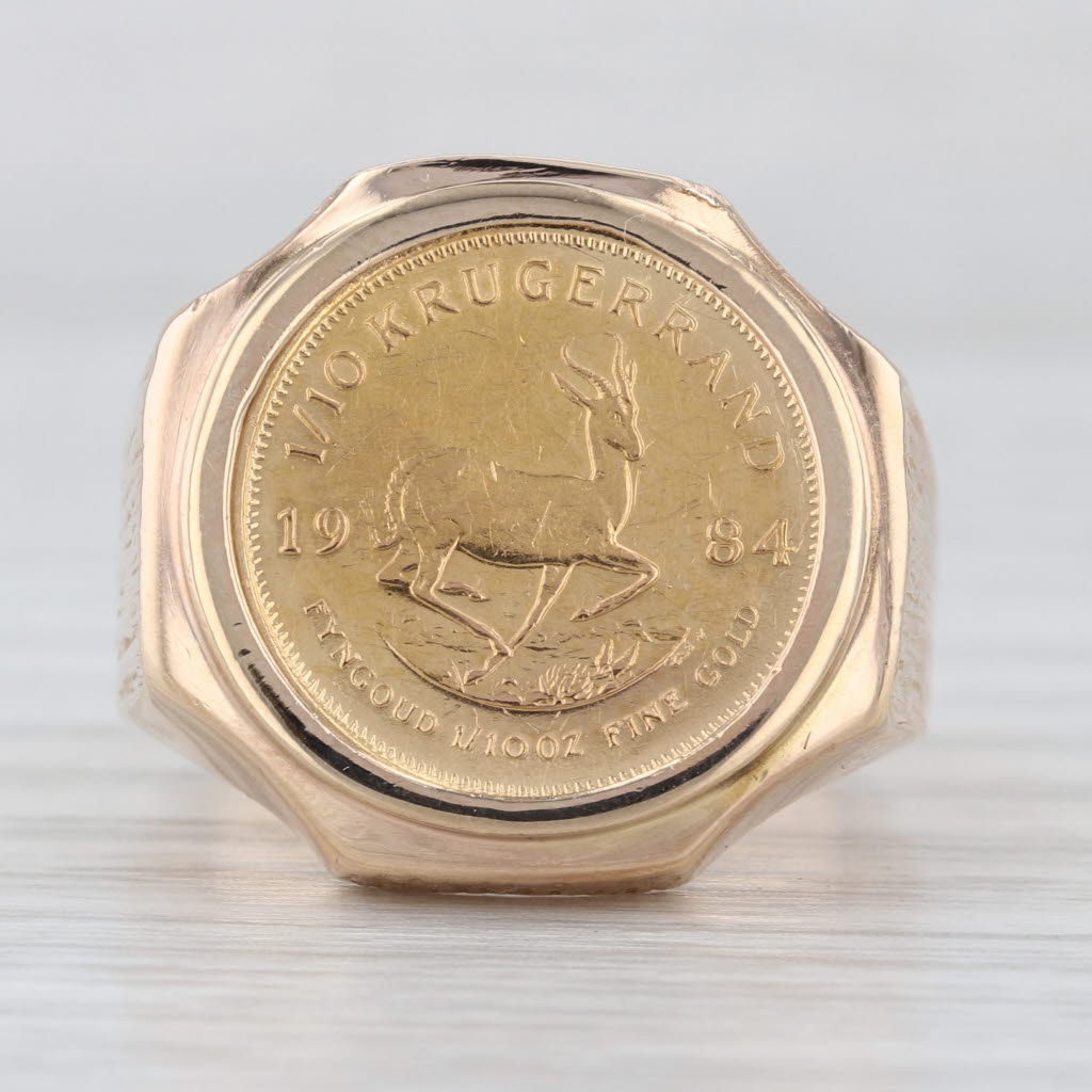 1984 1/10 oz Krugerand South African Coin Ring 14k 22k Yellow Gold Size 10.25