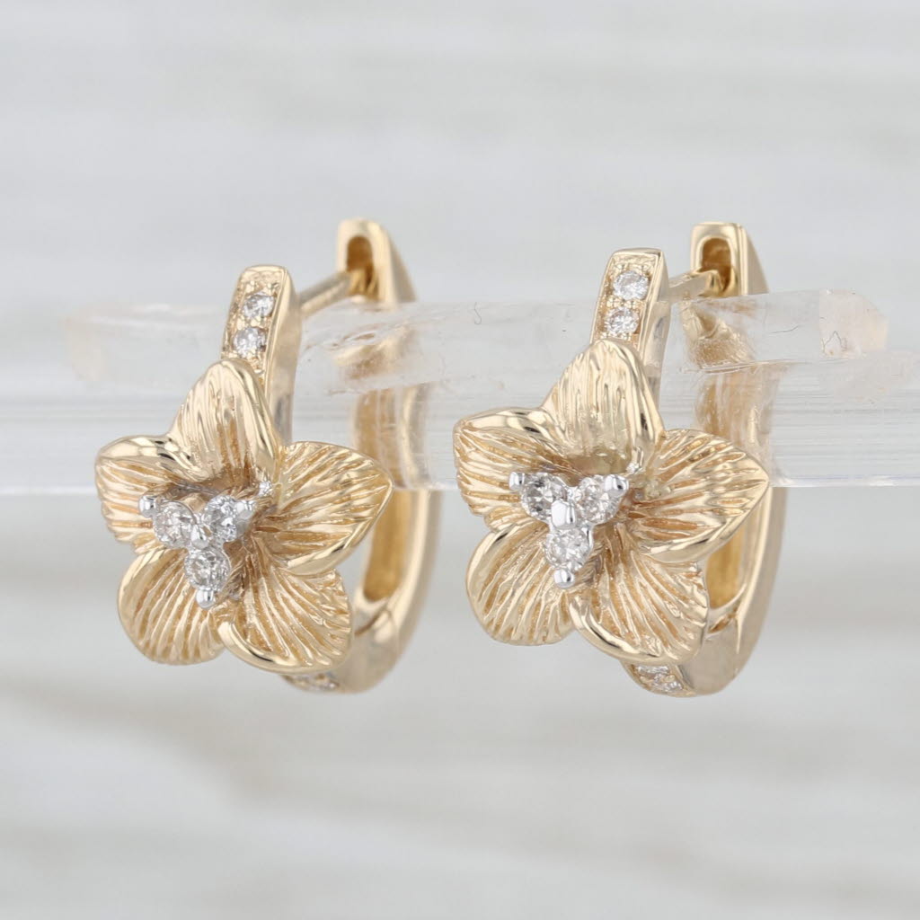 0.14ctw Diamond Flower Hoop Earrings 14k Yellow Gold Hinged Snap Top Hoops
