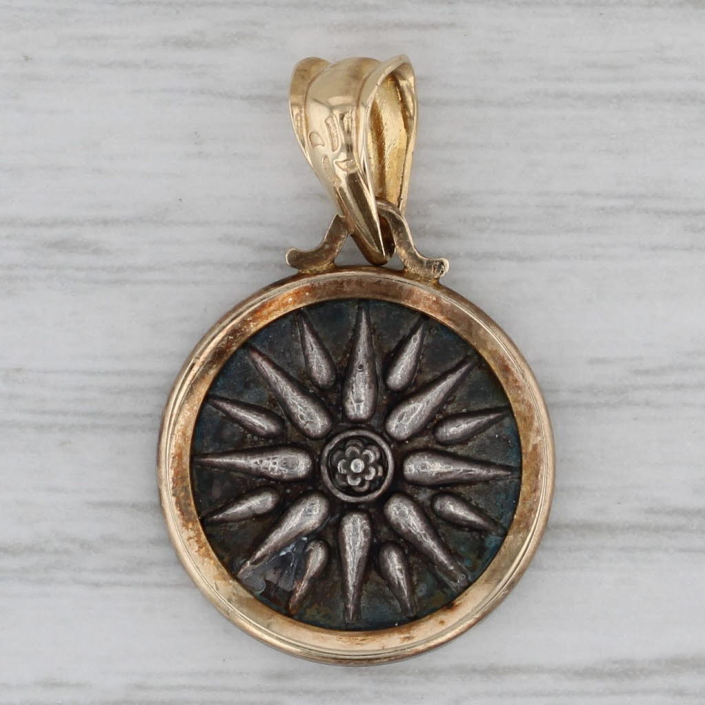 Gray Vergina Sun Motif Greek Macedonia Symbol Coin Copy Pendant 14k Gold Silver