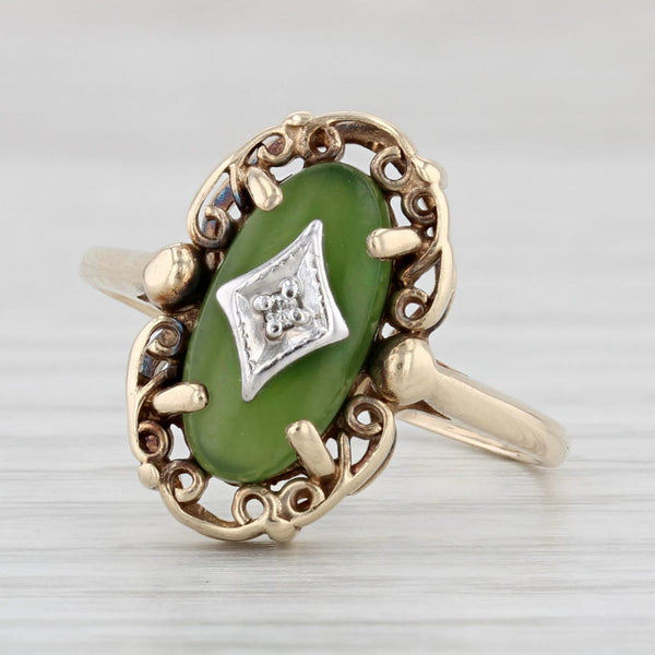 Light Gray Vintage Green Nephrite Jade Diamond Ring 10k Yellow Gold Size 6.25