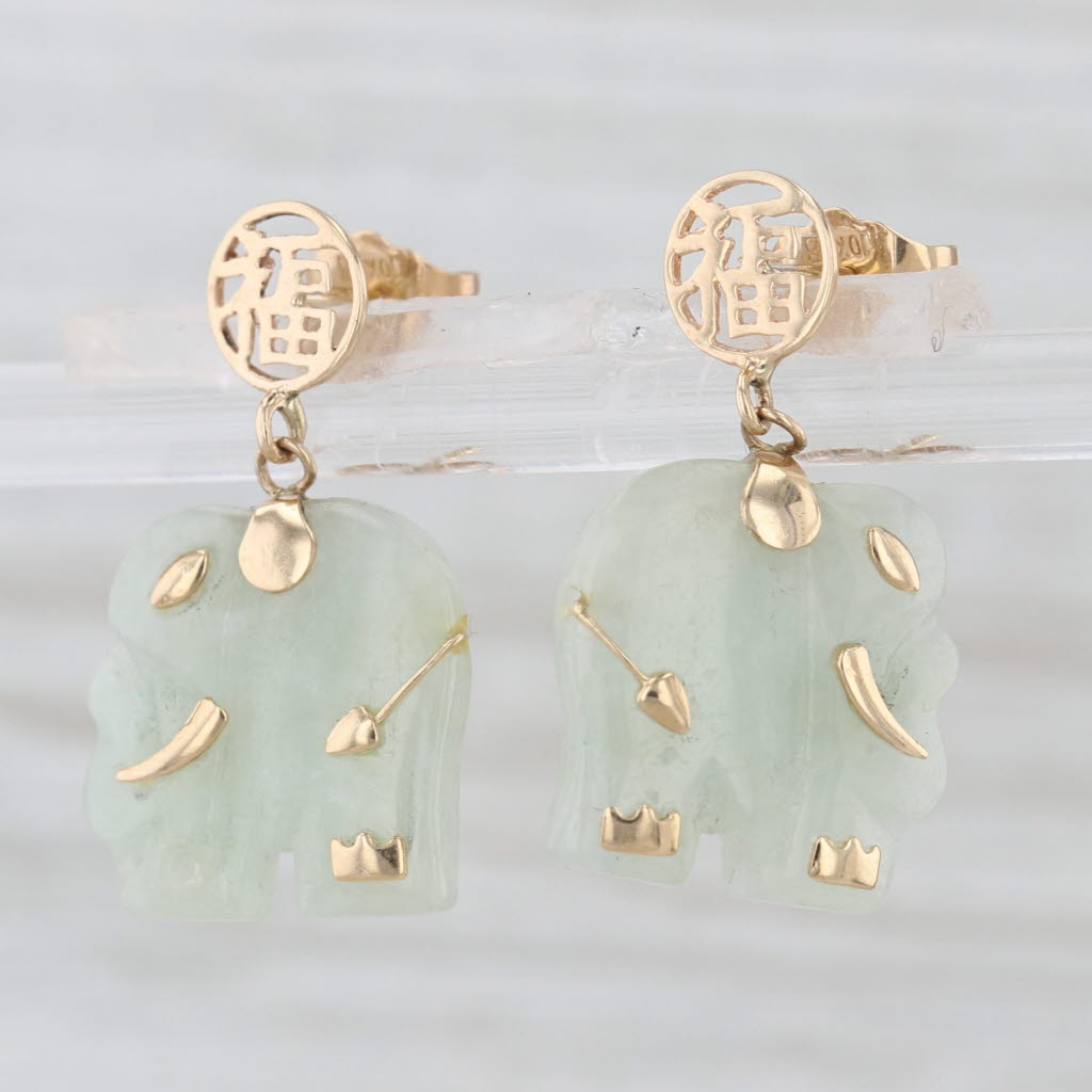 Green Jadeite Jade Elephant Dangle Earrings 10k Yellow Gold Drops