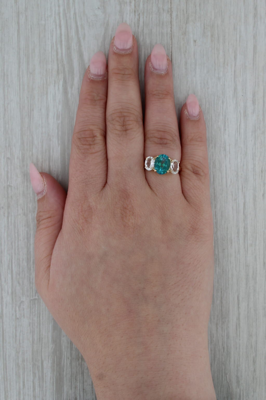 4.80ctw Teal & White Topaz Oval 3-Stone Ring 10k Yellow Gold Size 6