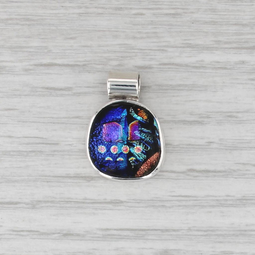 Multicolor Dichroic Glass Molded Cabochon Pendant Sterling Silver Mexico