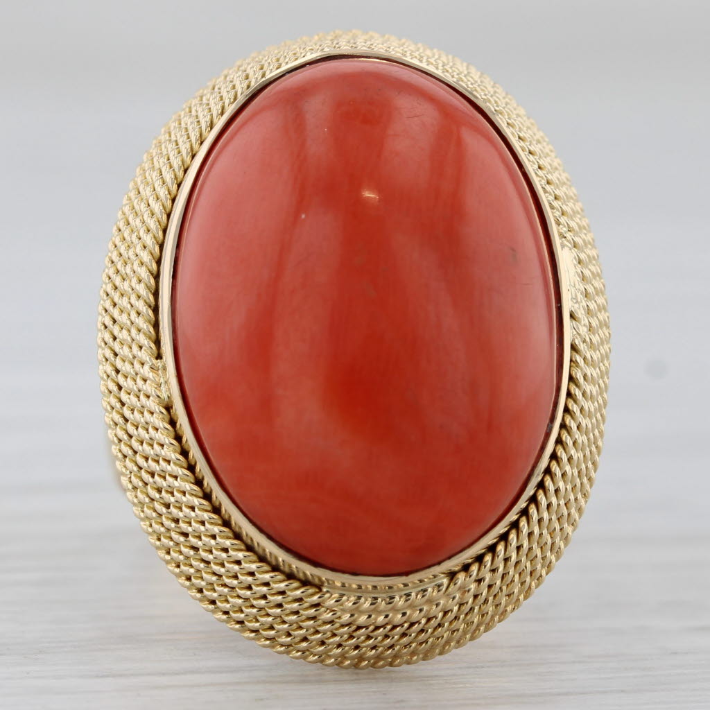 Gray Vintage Orange Coral Oval Cabochon Solitaire Ring 18k Yellow Gold Size 6.5