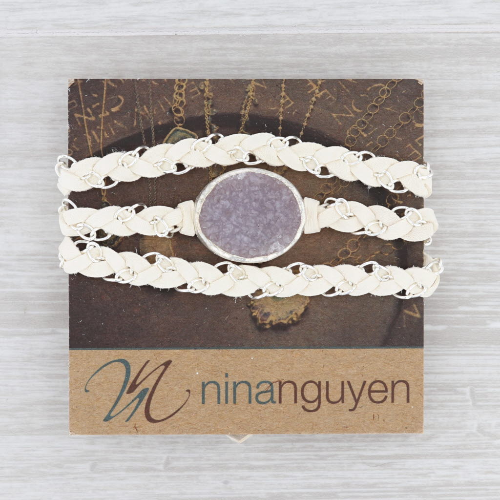 New Nina Wynn Cordelia Necklace Woven White Leather Amethyst Druzy Tags