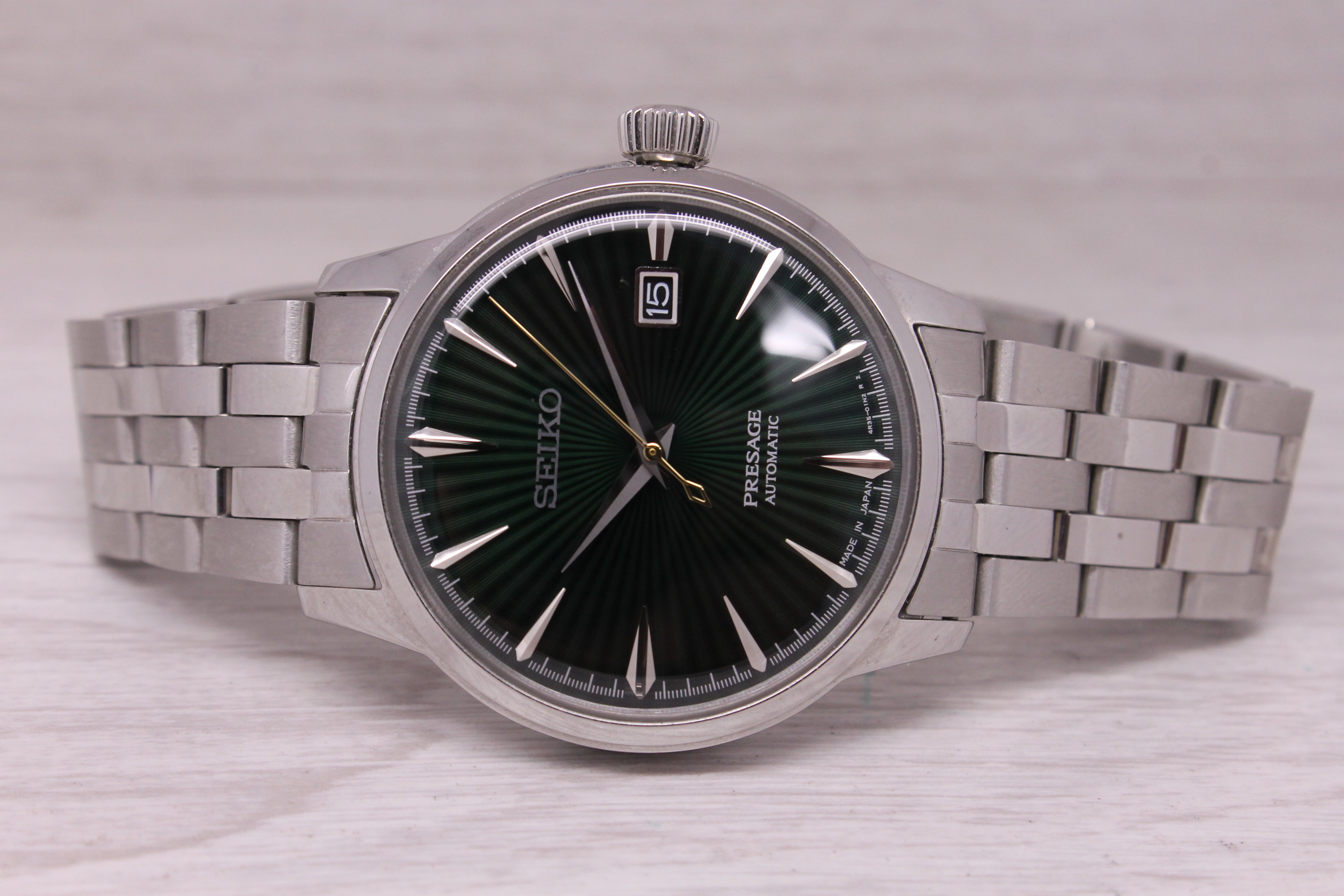 Seiko Presage Mens Watch 40.5mm Steel Swiss Date Auto Green Dial SRPE15 Box