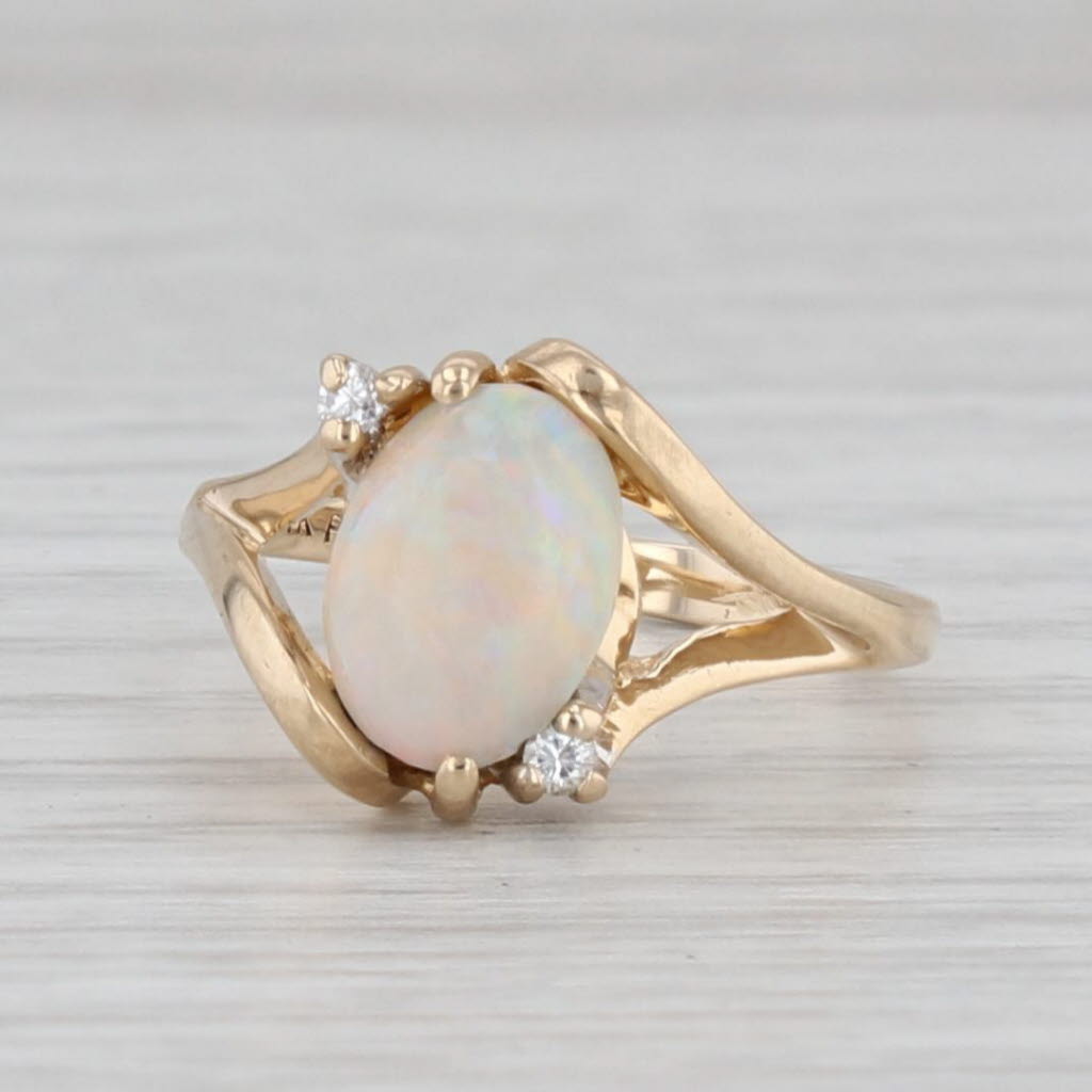 Light Gray Opal Oval Cabochon Diamond Ring 14k Yellow Gold Size 4.75