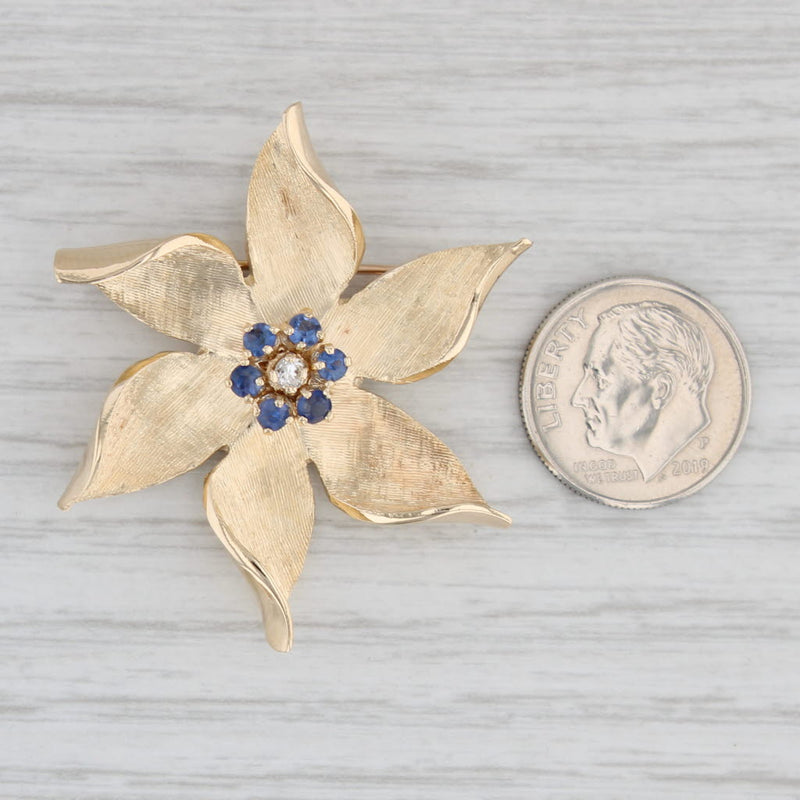 Light Gray 0.36ctw Lab Created Sapphire Diamond Flower Brooch 14k Gold Vintage Floral Pin