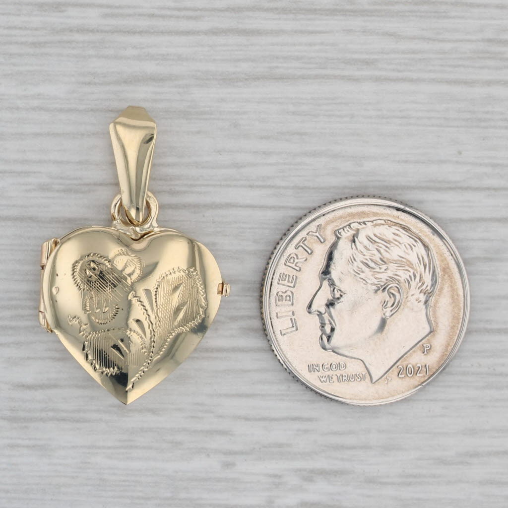 Gray Vintage Floral Engraved Heart Picture Locket Pendant 14k Yellow Gold