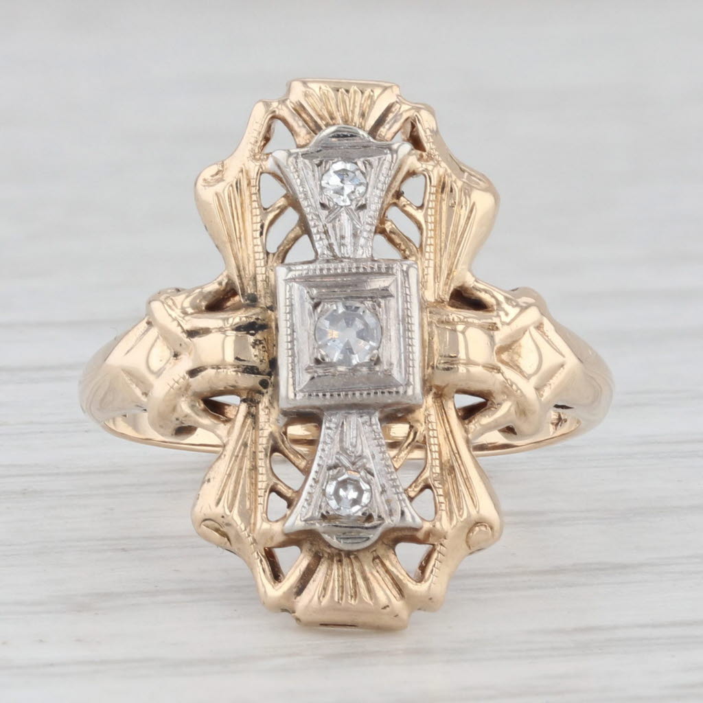 Light Gray Vintage Diamond Ring 14k White Yellow Gold Size 4.75 Art Deco