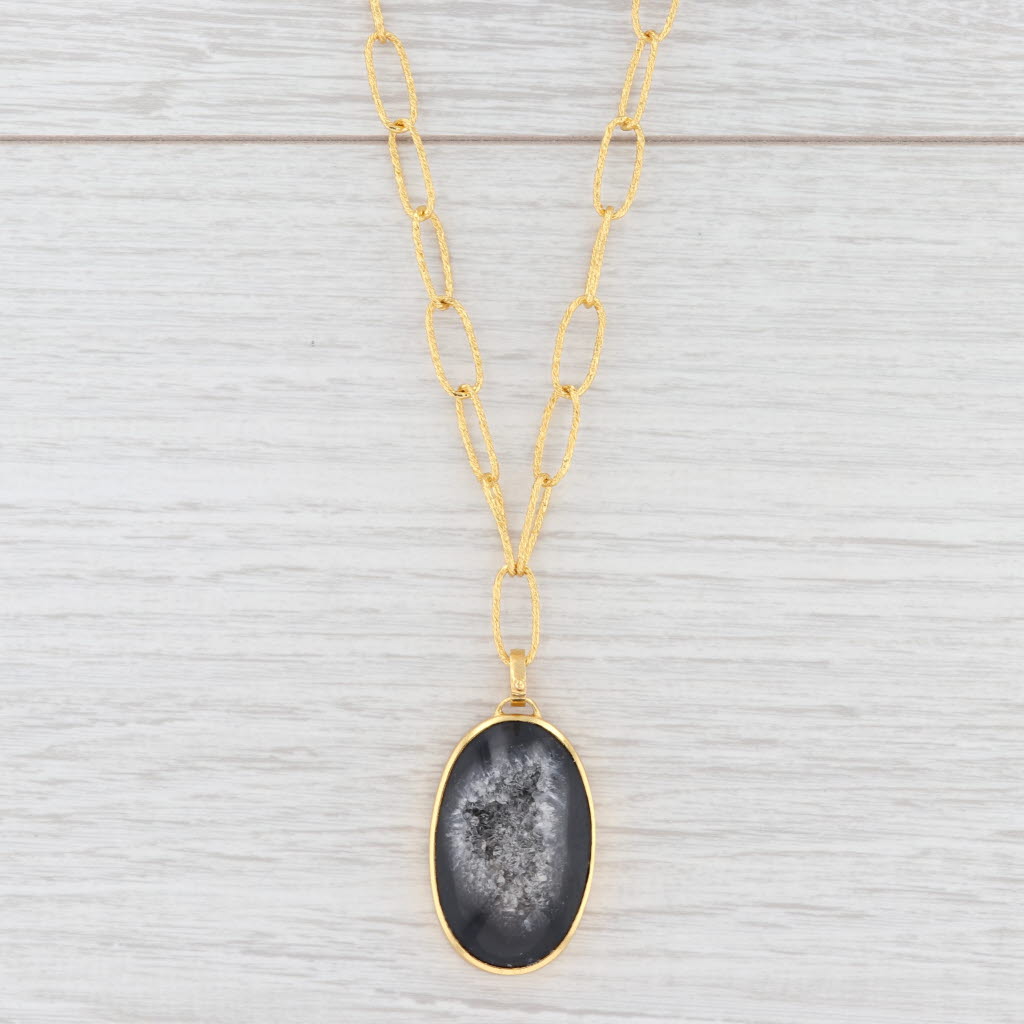 New Nina Wynn Druzy Geode Quartz Pendant Necklace Sterling Gold Vermeil 20.5"