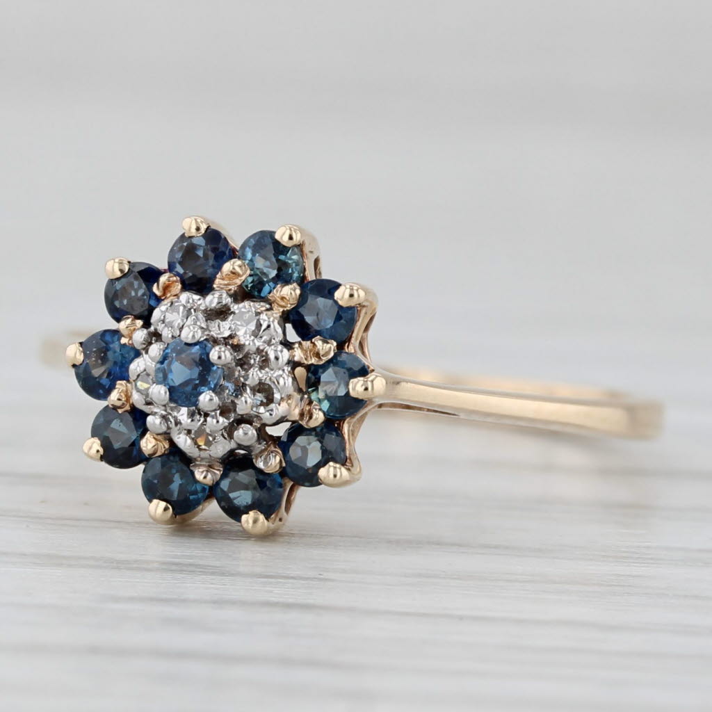 Light Gray 0.46ctw Blue Sapphire Diamond Flower Cluster Ring 10k Yellow Gold Size 6.25