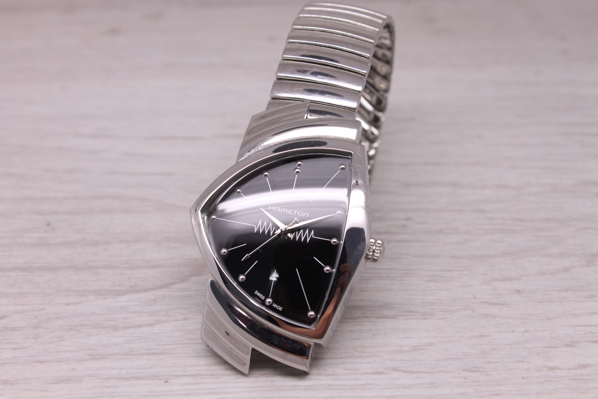 Hamilton Ventura Flex 32mm Quartz Watch Stainless Steel H244112 Swiss Black Dial