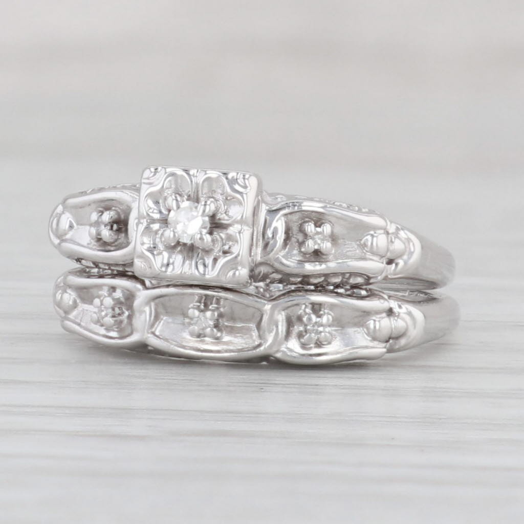 Light Gray Vintage Diamond Engagement Ring Wedding Band Bridal Set 14k White Gold