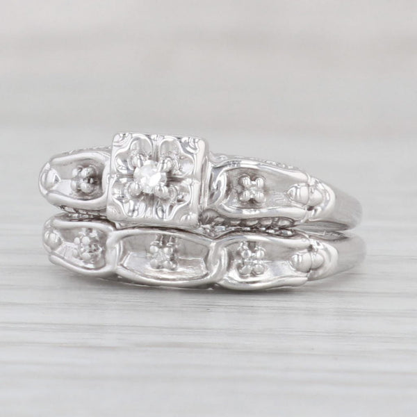 Light Gray Vintage Diamond Engagement Ring Wedding Band Bridal Set 14k White Gold