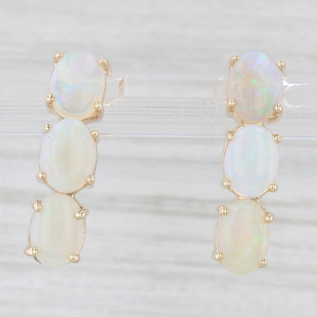 Light Gray Opal 3-Stone Journey Drop Earrings 14k Yellow Gold Oval Cabochons