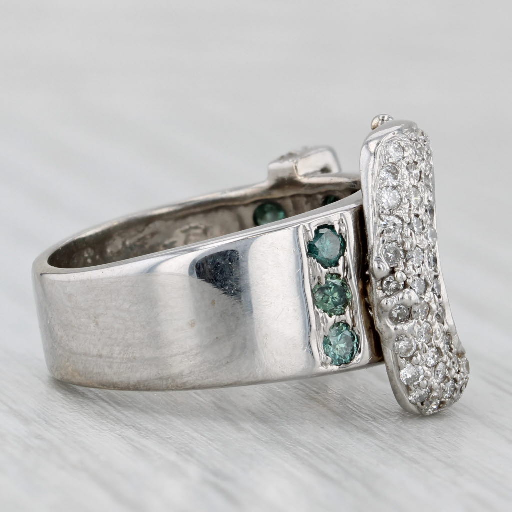 Light Gray 1.44ctw Green White Diamond Belt Buckle Ring 14k White Gold Size 6 Cocktail