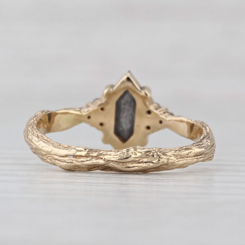 Custom Made Salt & Pepper Diamond Ring 14k Yellow Gold Size 6.5 Woodgrain Band