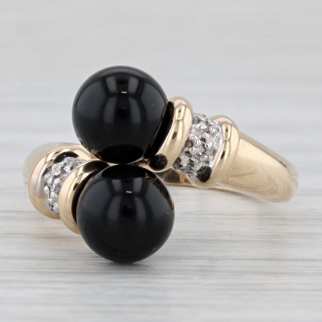 Light Gray Onyx Bead Diamond Bypass Ring 14k Yellow Gold Size 5.75