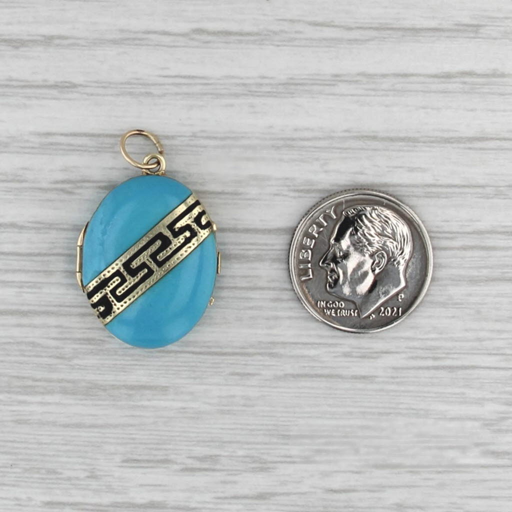 Antique Enamel Locket Pendant 9-12k Gold Charm Greek Key Picture Inside
