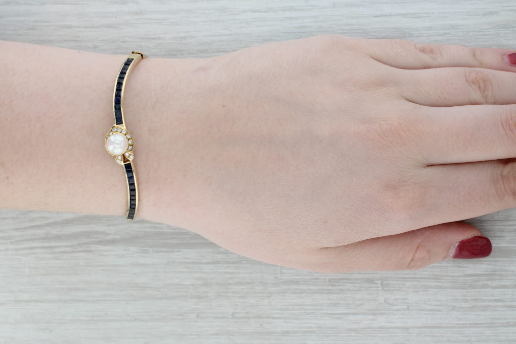 Gray Cultured Pearl Sapphire Diamond Bangle Bracelet 18k Yellow Gold 7"