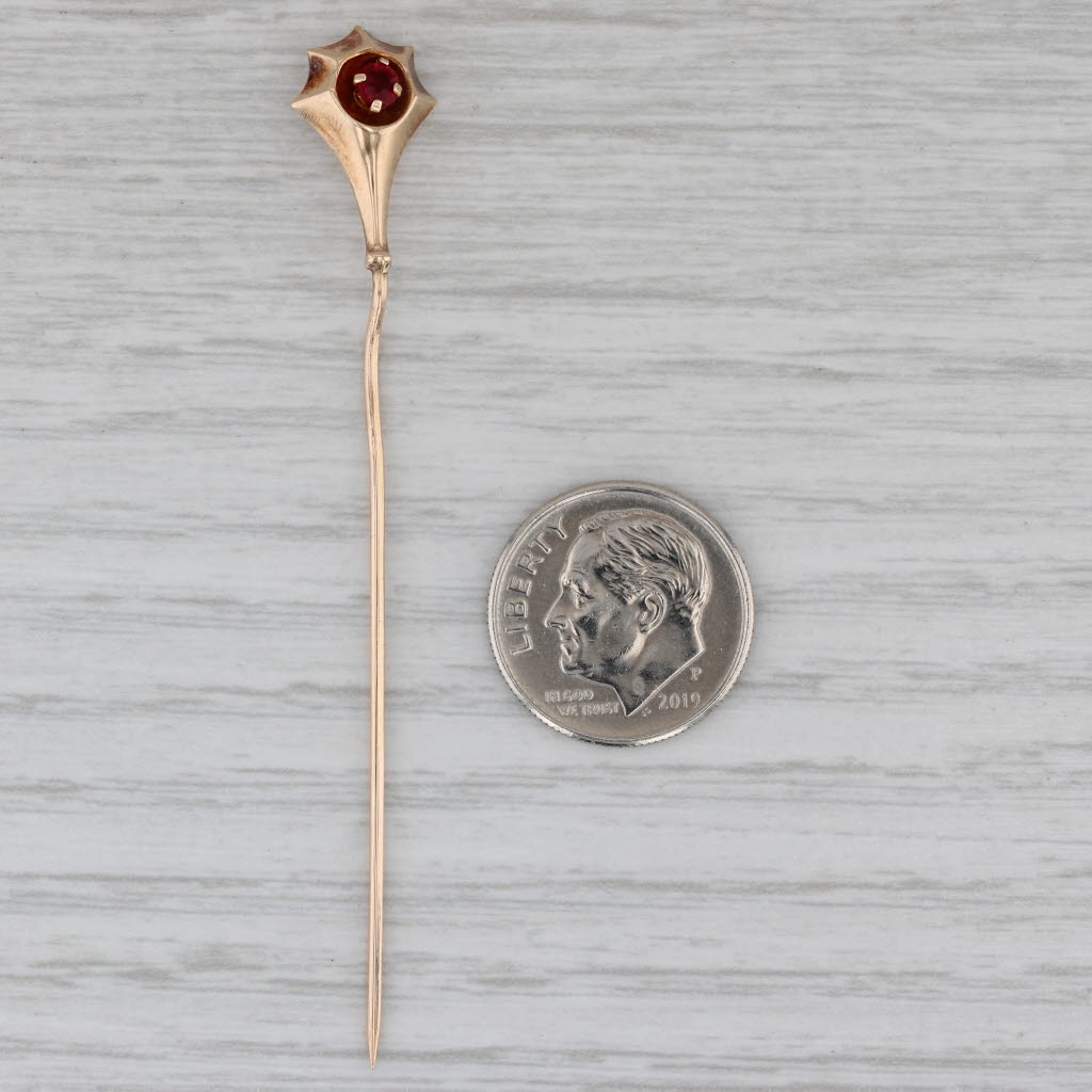 Gray Antique Red Glass Stickpin 14k Yellow Gold Pin