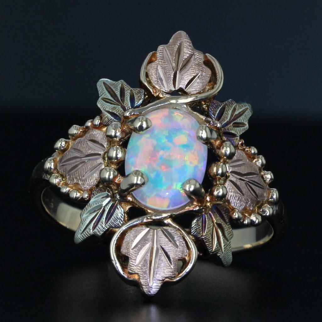 Black Lab Created Opal Flower Ring 10k Size 7.75 Black Hills Gold TRJ