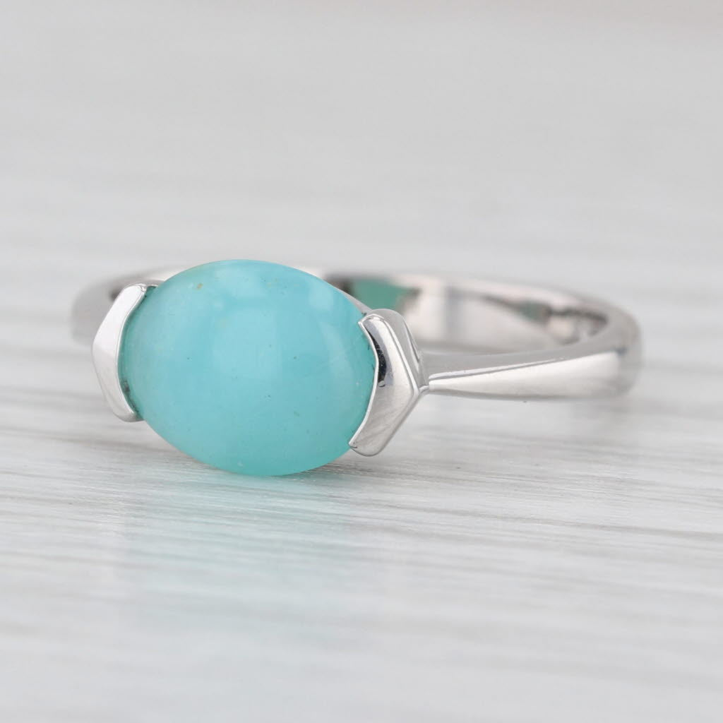 Teal Common Opal Oval Cabochon Solitaire Ring 14k White Gold Size 7