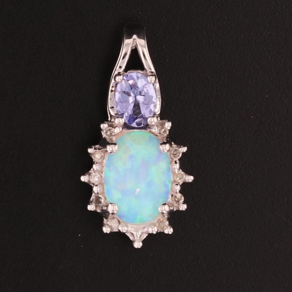 Black Lab Created Opal Diamond Tanzanite Pendant 10k White Gold Small Drop