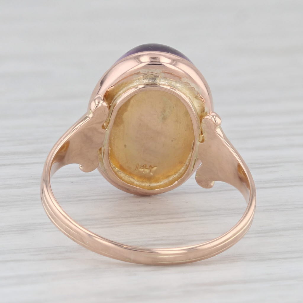 Light Gray Vintage Amethyst Oval Cabochon Solitaire Ring 14k Rose Yellow Gold Size 5.75