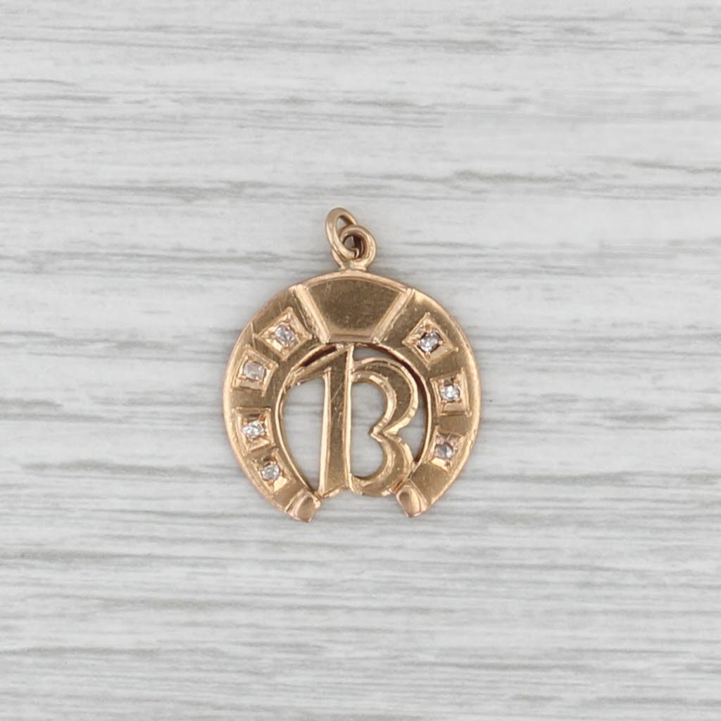 Vintage Diamond Lucky 13 Horseshoe Pendant 18k Yellow Gold Charm