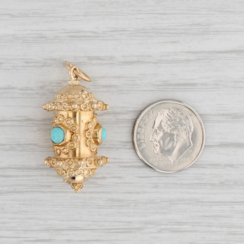 Light Gray Vintage Etruscan Style Ornate Lantern Charm 18k Yellow Gold Imitation Turquoise