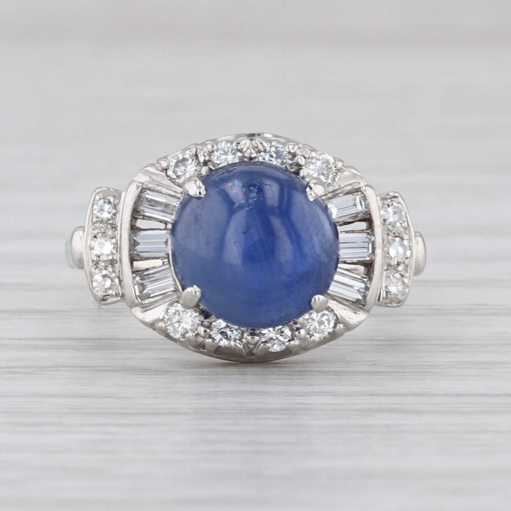Blue Star Sapphire Cabochon Diamond Halo Ring 14k White Gold Size 5.75
