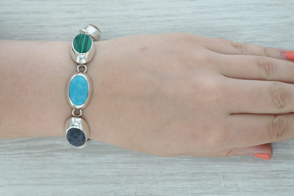 Dark Gray Multi-stone Cabochon Oval Link Bracelet Sterling Silver 7" 16.2mm