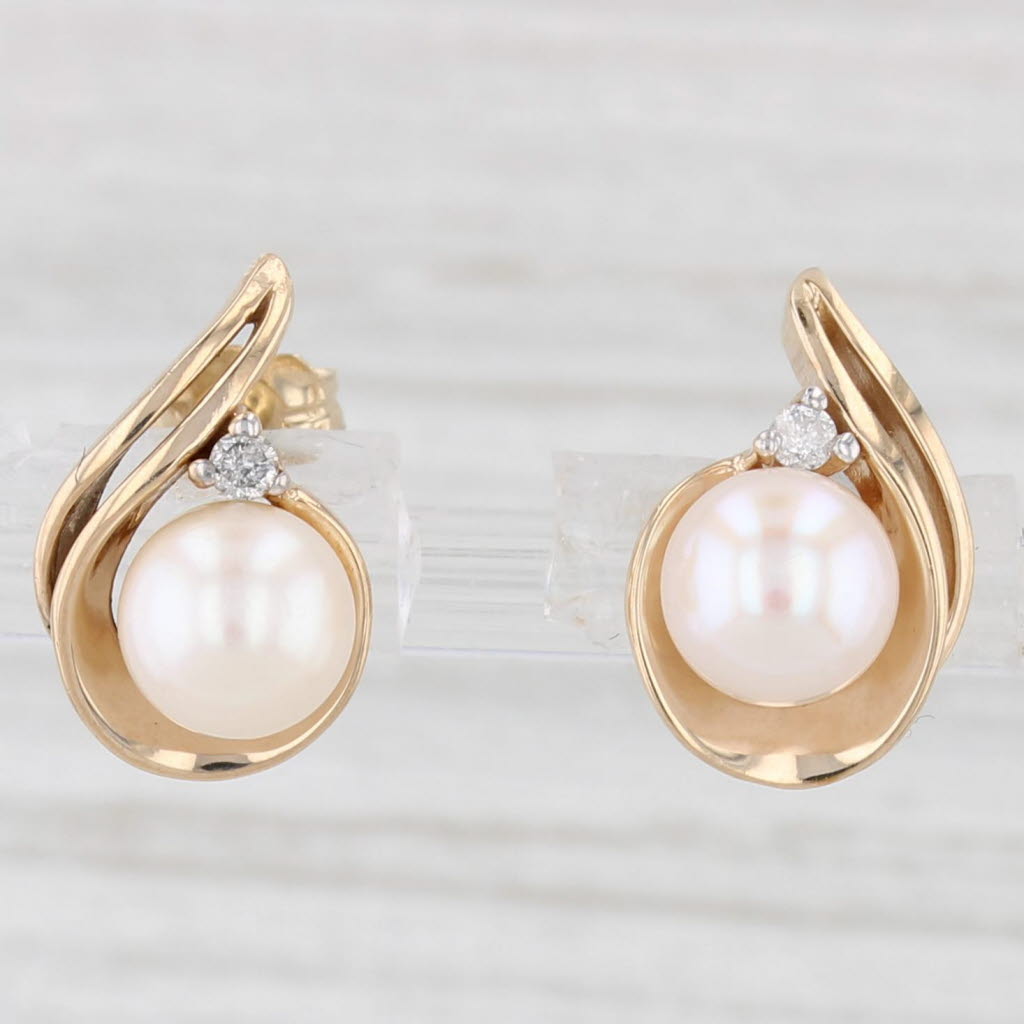 Light Gray Cultured Pearl Diamond Teardrop Stud Earrings 10k Yellow Gold