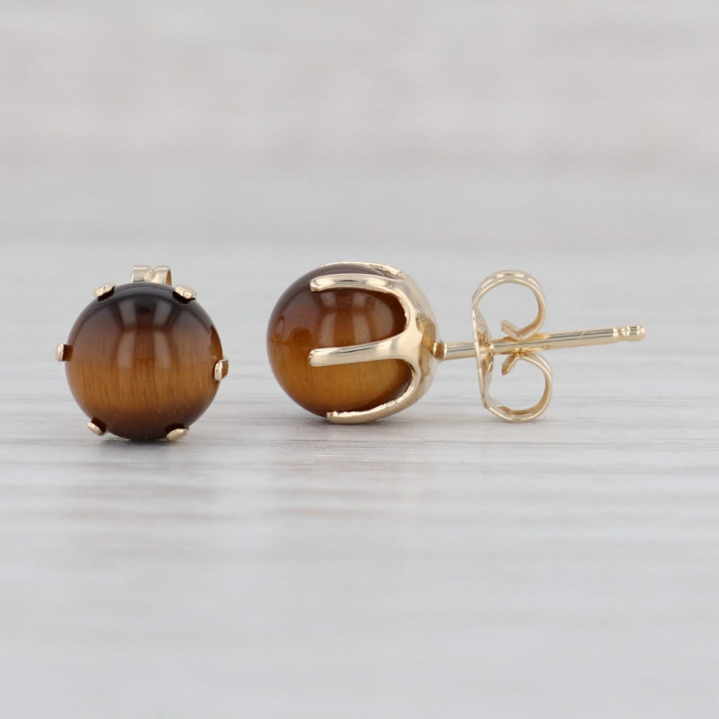 Light Gray Vintage Tiger's Eye Stud Earrings 14k Yellow Gold Brown Round Cabochons