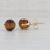 Light Gray Vintage Tiger's Eye Stud Earrings 14k Yellow Gold Brown Round Cabochons