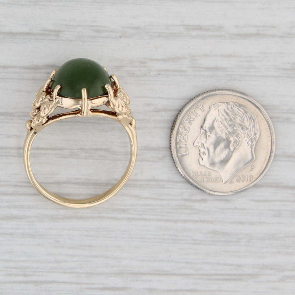 Light Gray Green Nephrite Jade Leaf Ring 10k Yellow Gold Size 6.5 Oval Cabochon Solitaire