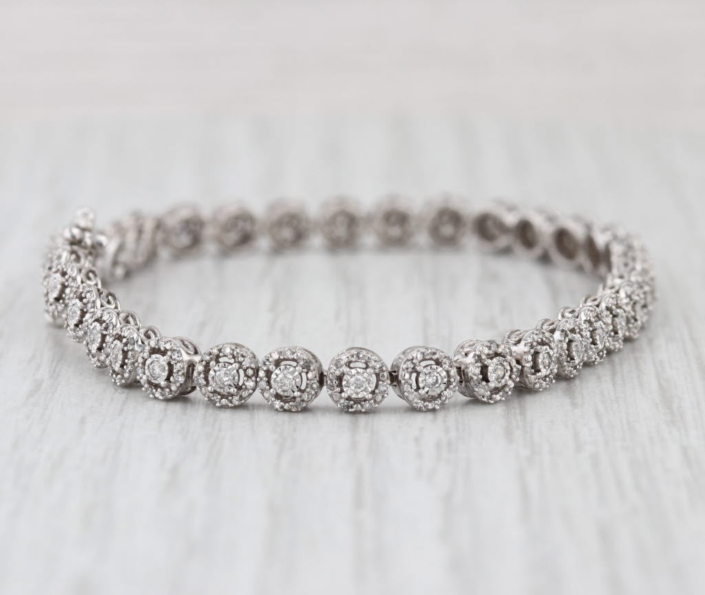 1ctw Diamond Halo Tennis Bracelet 10k White Gold 6.75" 4.8mm