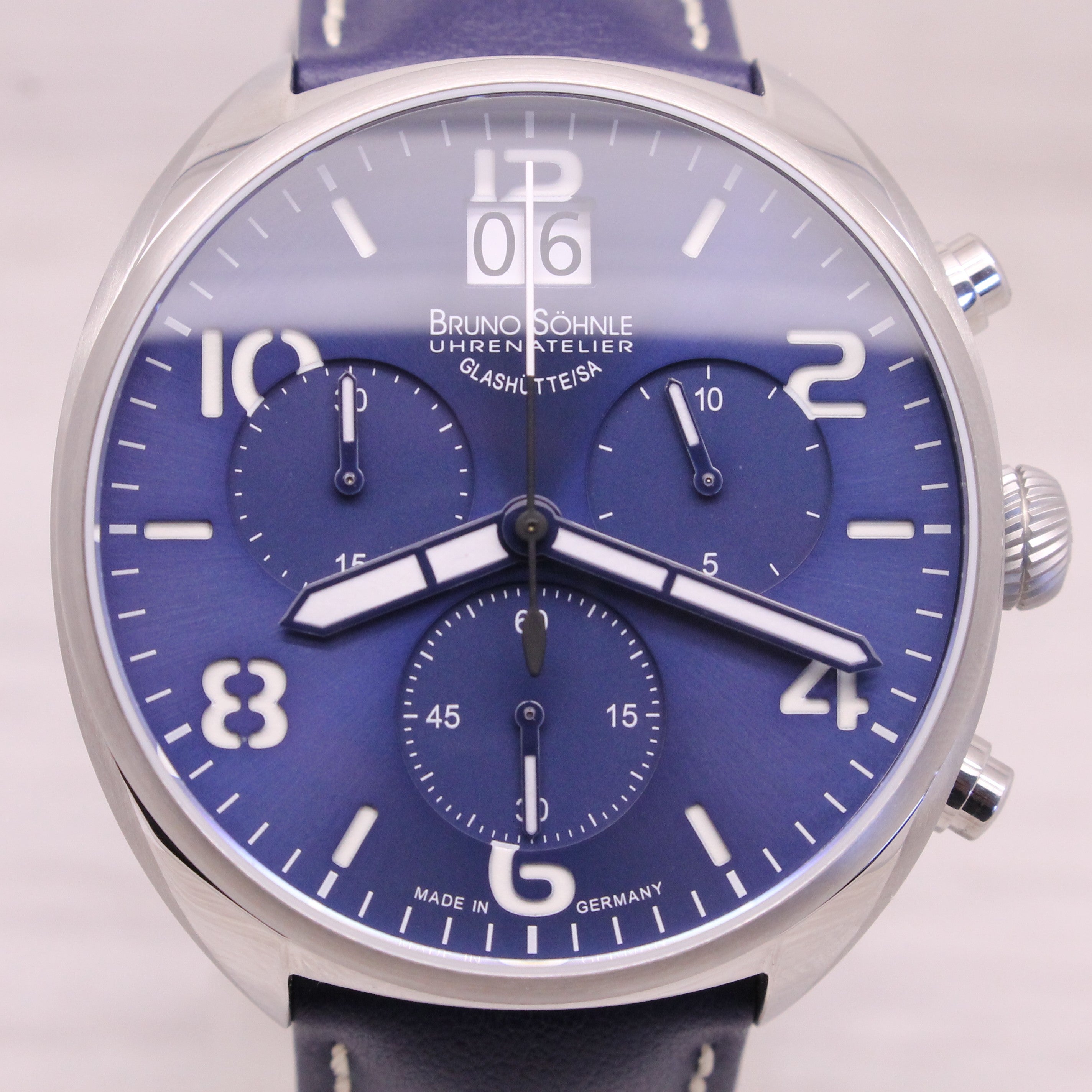 Dark Slate Blue Bruno Sohnle Glashutte La Spezia 45mm Steel Mens Quartz Chronograph Watch Blue