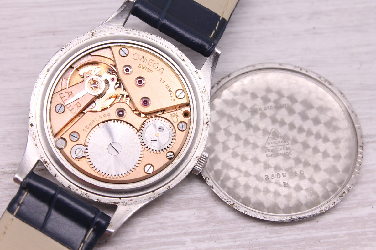 Vintage 1952 Omega Jumbo 37.5mm Steel Mens Watch Waffle Dial c.266 ref.2609