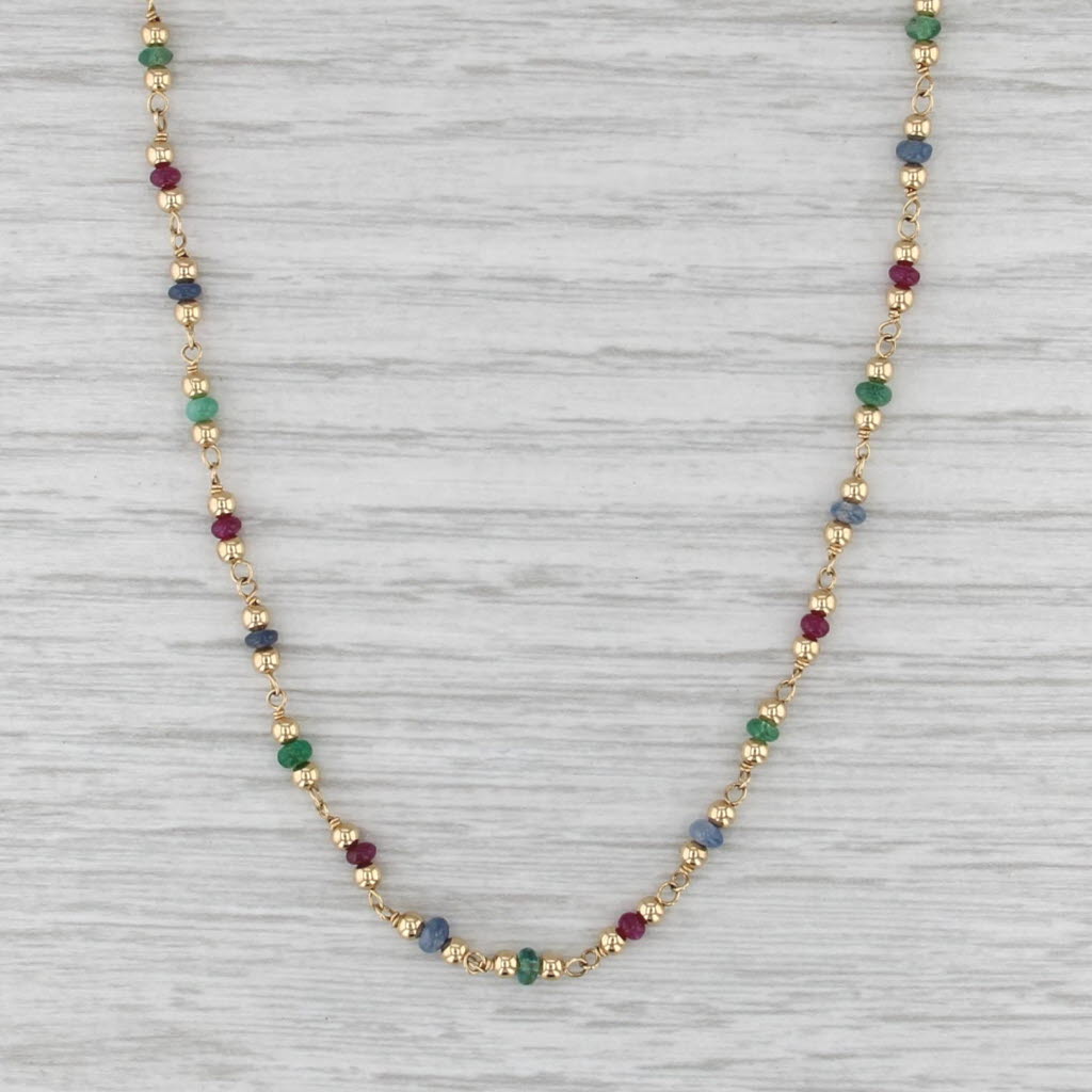 Gemstone Bead Necklace 18k Yellow Gold 16" Chain Emerald Sapphire Ruby