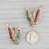 Gray Retro Diamond Ruby Turquoise Leaf Earrings 10k-12k Yellow Gold Statement