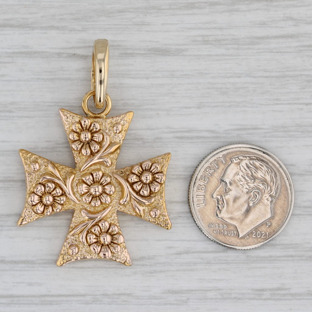 Gray Ornate Floral Cross Pendant 14k Yellow Gold Enhancer Clip Bail Statement