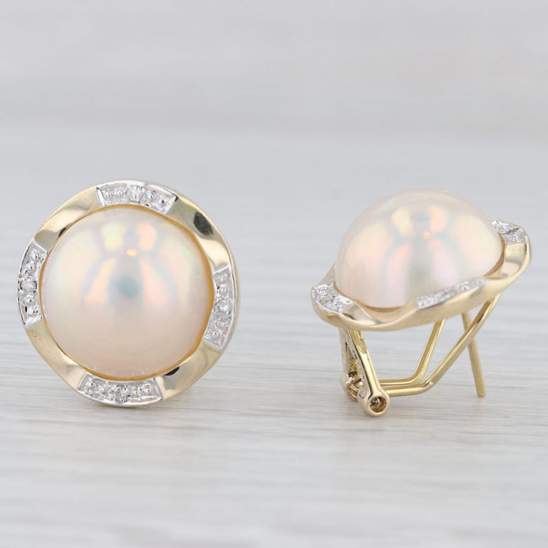 Mabe Pearl Diamond Button Stud Earrings 14k Yellow Gold Omega Backs