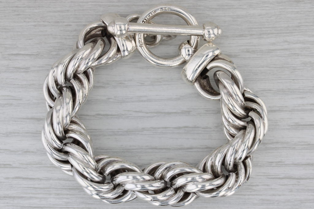 Gray Large Rope Chain Statement Bracelet Sterling Silver 6.5" 16.3mm Toggle Clasp